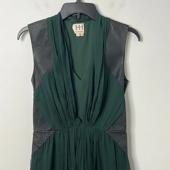 Haute Hippie Green Silk Leather Accent V-neck Sleeveless Dress - Picture 3 of 7